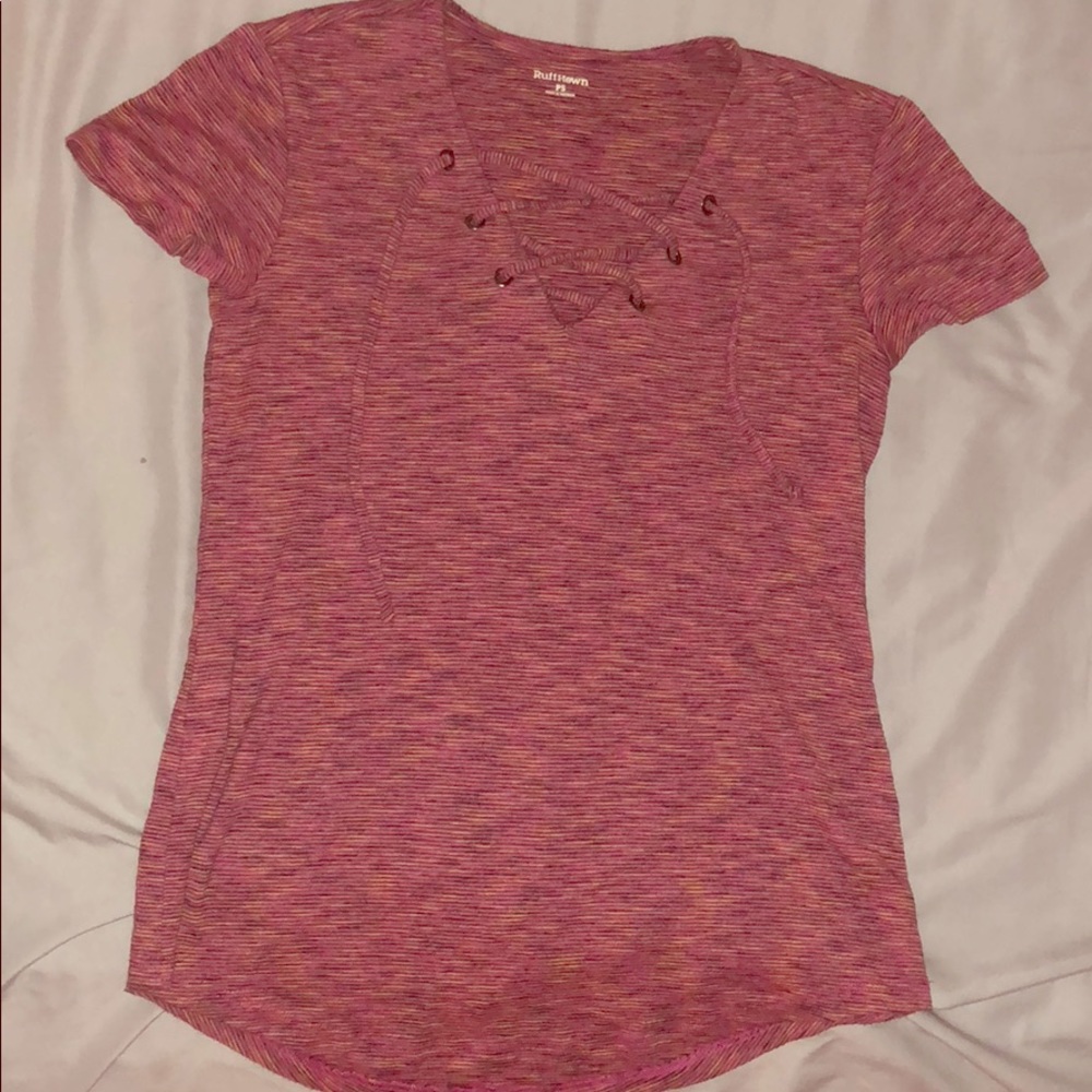 pink striped laced shirt